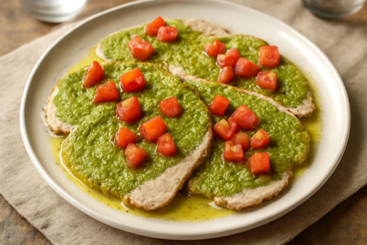Fette di vitello cotto ricoperte di pesto verde di pistacchio e pomodori rossi tagliati a dadini, servite su un piatto bianco con un filo d'olio d'oliva