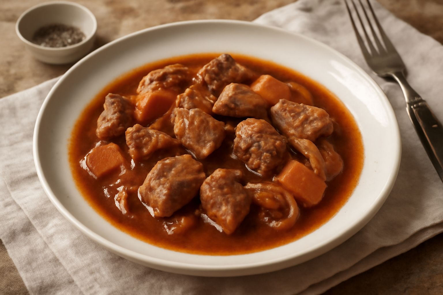 Pentola in terracotta con vitello in umido, carne bianca e tenera in sugo marrone scuro circondato da verdure appassite, servito in un piatto bianco con contorno di purè di patate e gocce di sugo rido