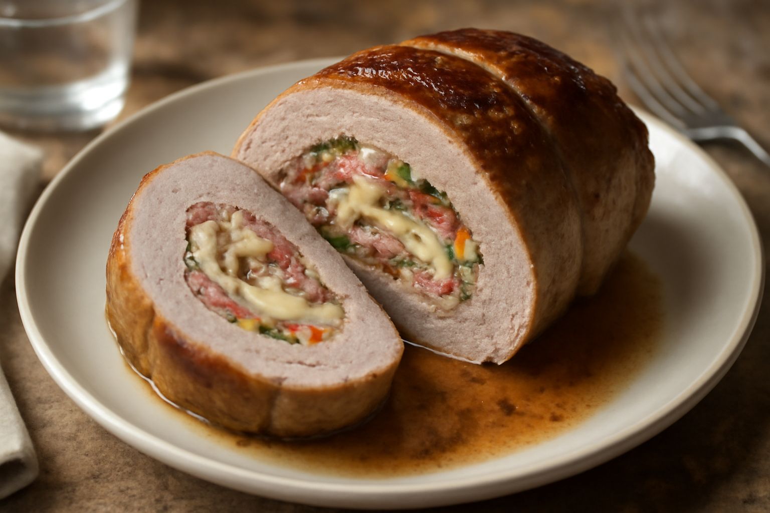 Fetta di vitello ripieno cotta al forno, tagliata a metà per mostrare il ripieno con rigatino e formaggio filante, disposta su piatto bianco con contorno di patate, salsa di cottura versata accanto