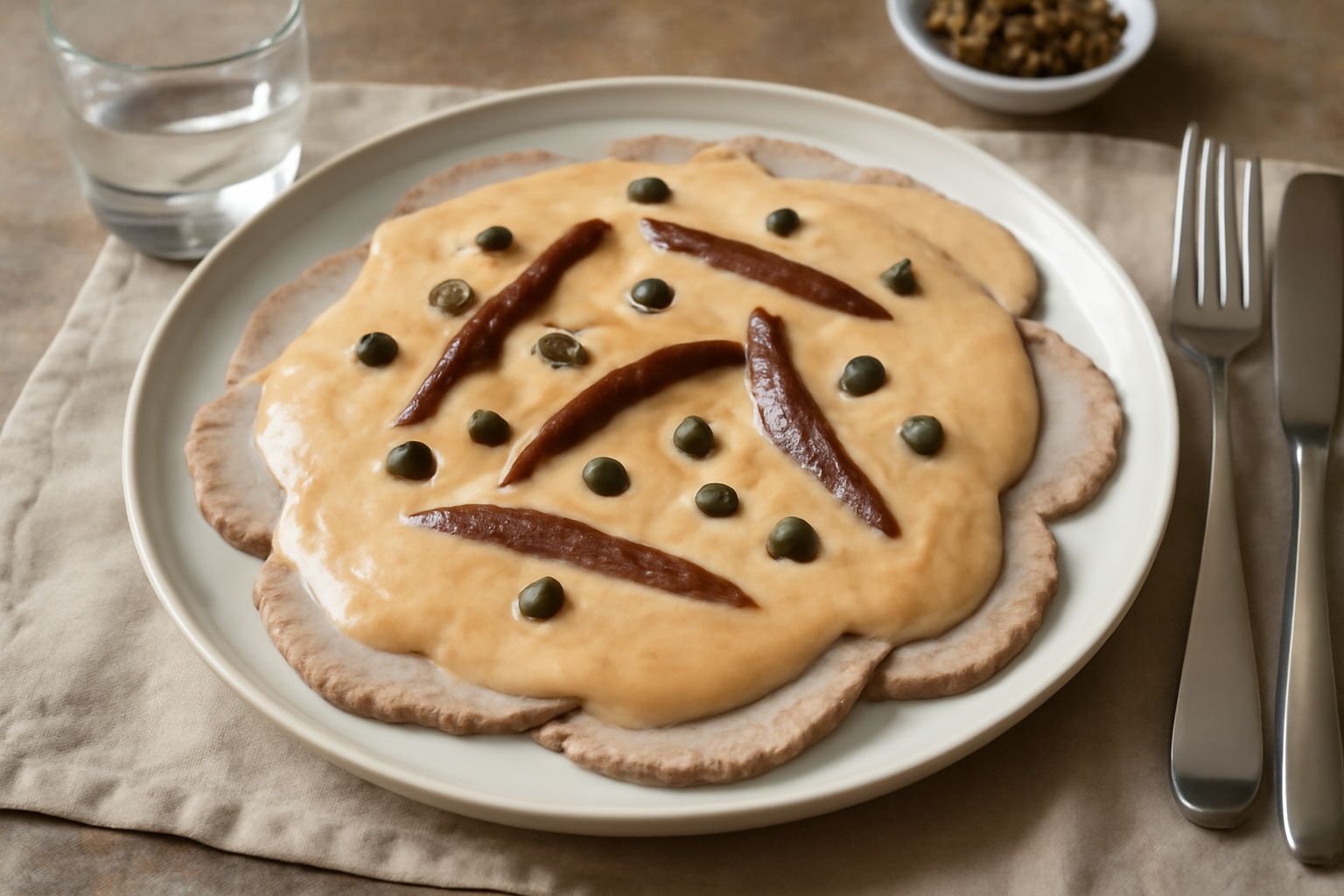 Vitello tonnato su piatto bianco: fettine di carne lessa rosate coperte da salsa beige cremosa, guarnite con filetti di acciuga e capperi verdi