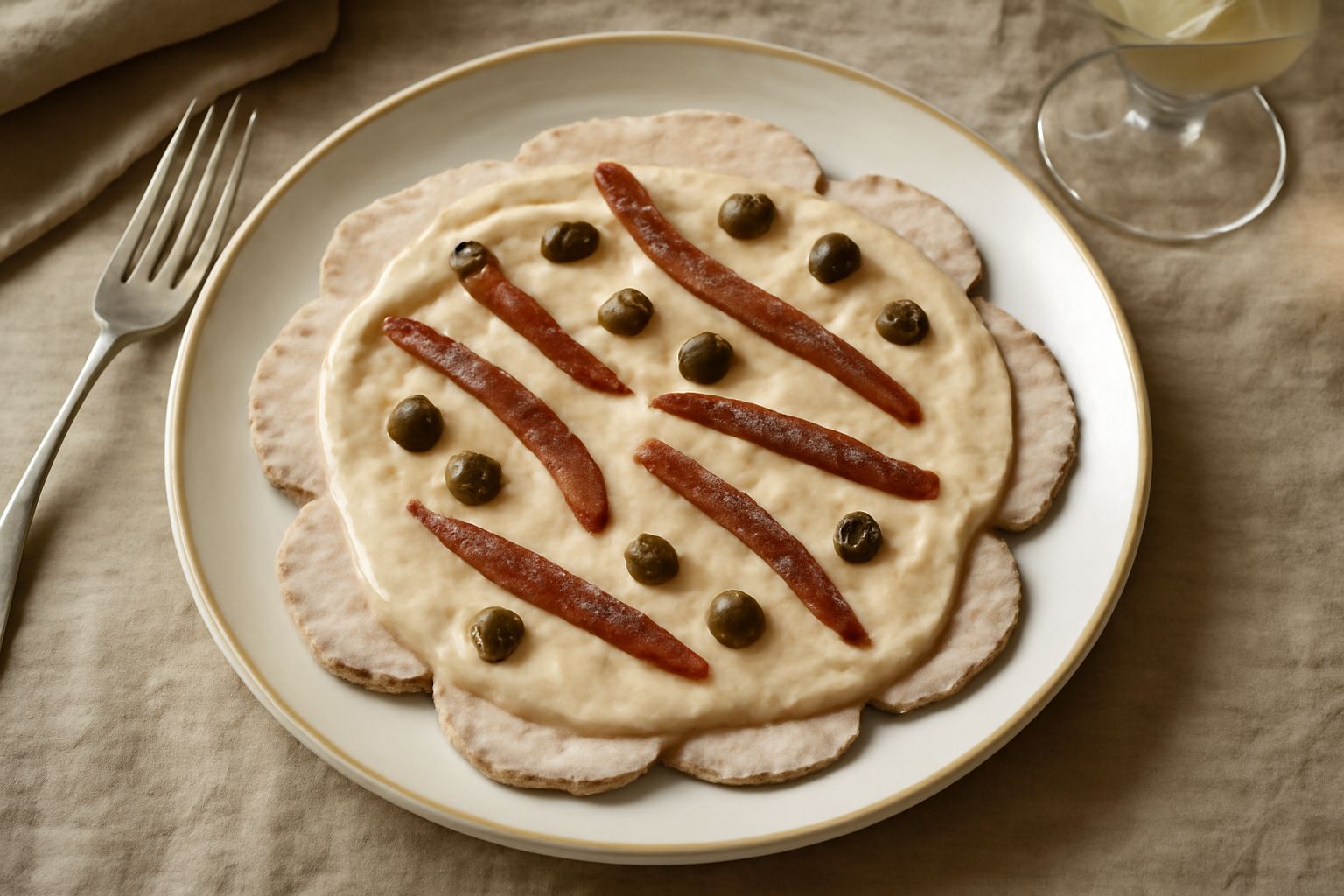 Vitello tonnato abruzzese: fette di vitello cotto color avorio ricoperte da salsa tonnata cremosa di color beige chiaro, guarnito con capperi scuri e acciughe, servito in piatto bianco con limone affe