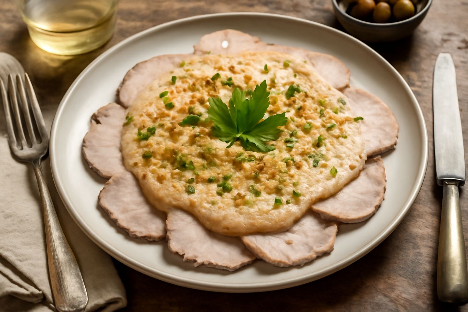 Fette di vitello lesso coperte da salsa tonnata densa con striature bianche e grigie, guarnite con capperi e acciughe, presentate su un piatto di ceramica bianca