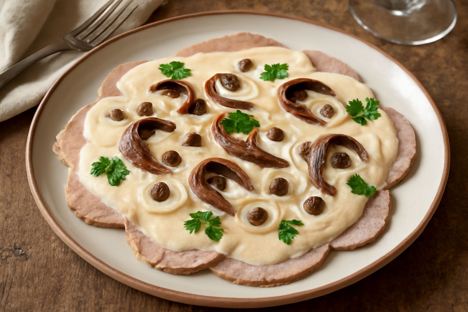 Fettine di vitello bollito ricoperte da salsa bianca di tonnetto, acciughe e capperi, guarnite con anellini di cipolla bianca e foglie di prezzemolo fresco, servito in piatto bianco