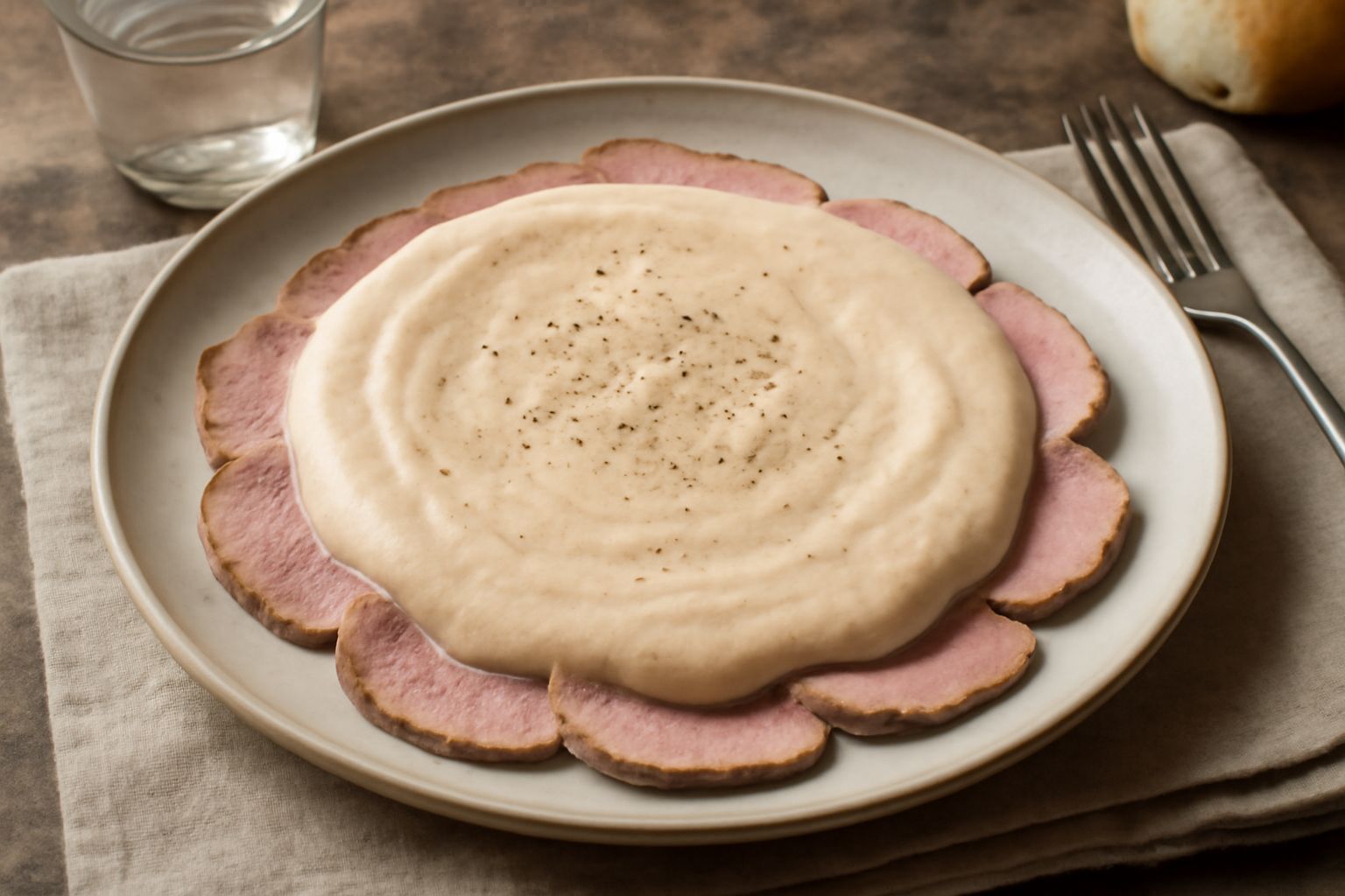 Fette di vitello tonnato disposte a ventaglio su un piatto bianco, coperte da salsa tonnata color avorio, decorate con capperi e fettine di limone, contorno di rucola fresca