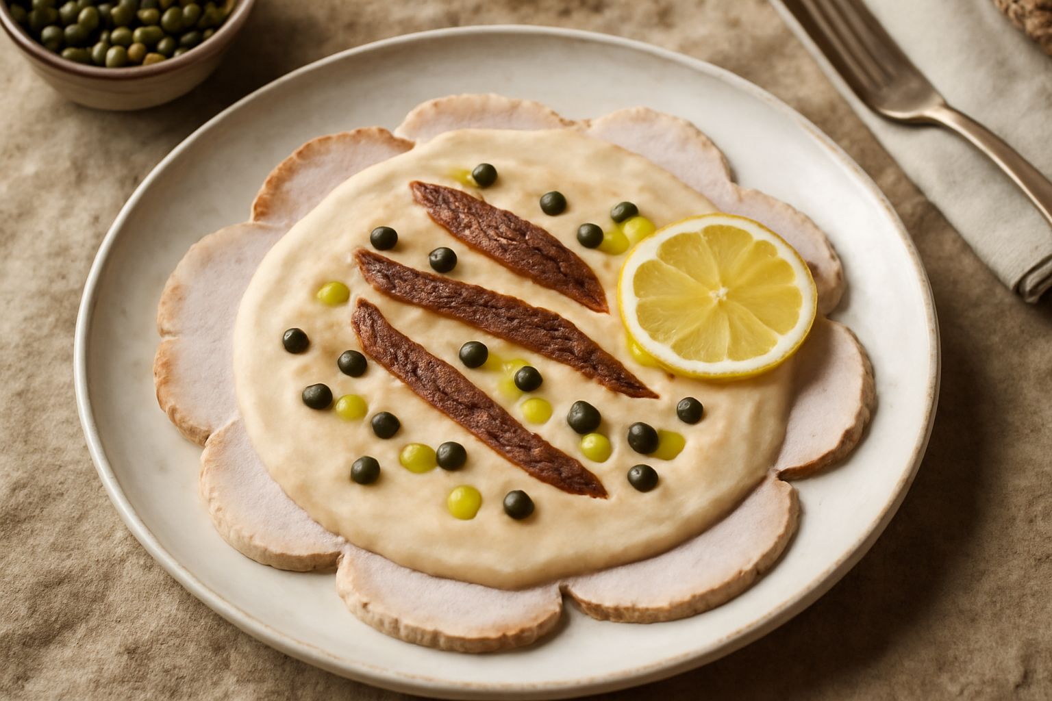 Piatto bianco con fette di vitello lessato coperte da salsa tonnata cremosa di colore beige, con decorazione di capperi, acciughe e qualche goccia di olio; contorno di limone fresco.
