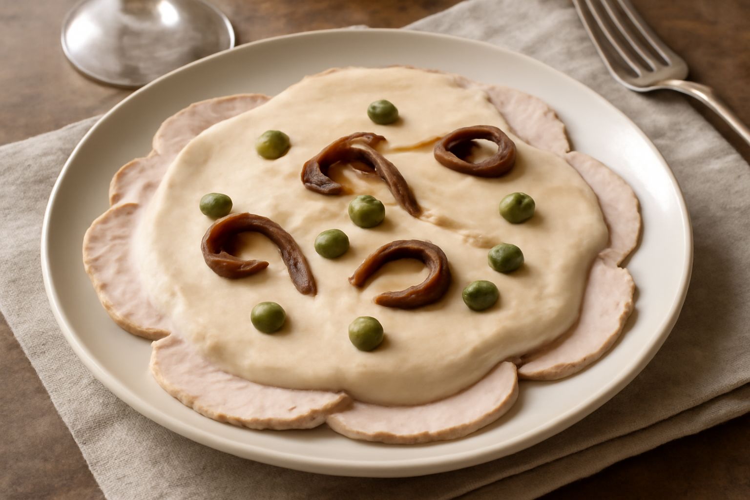 Fette di vitello bianco crudo coperte da una salsa cremosa avorio con striature marroni, decorate con una manciata di capperi verdi e filetti di acciuga, su un piatto bianco rotondo
