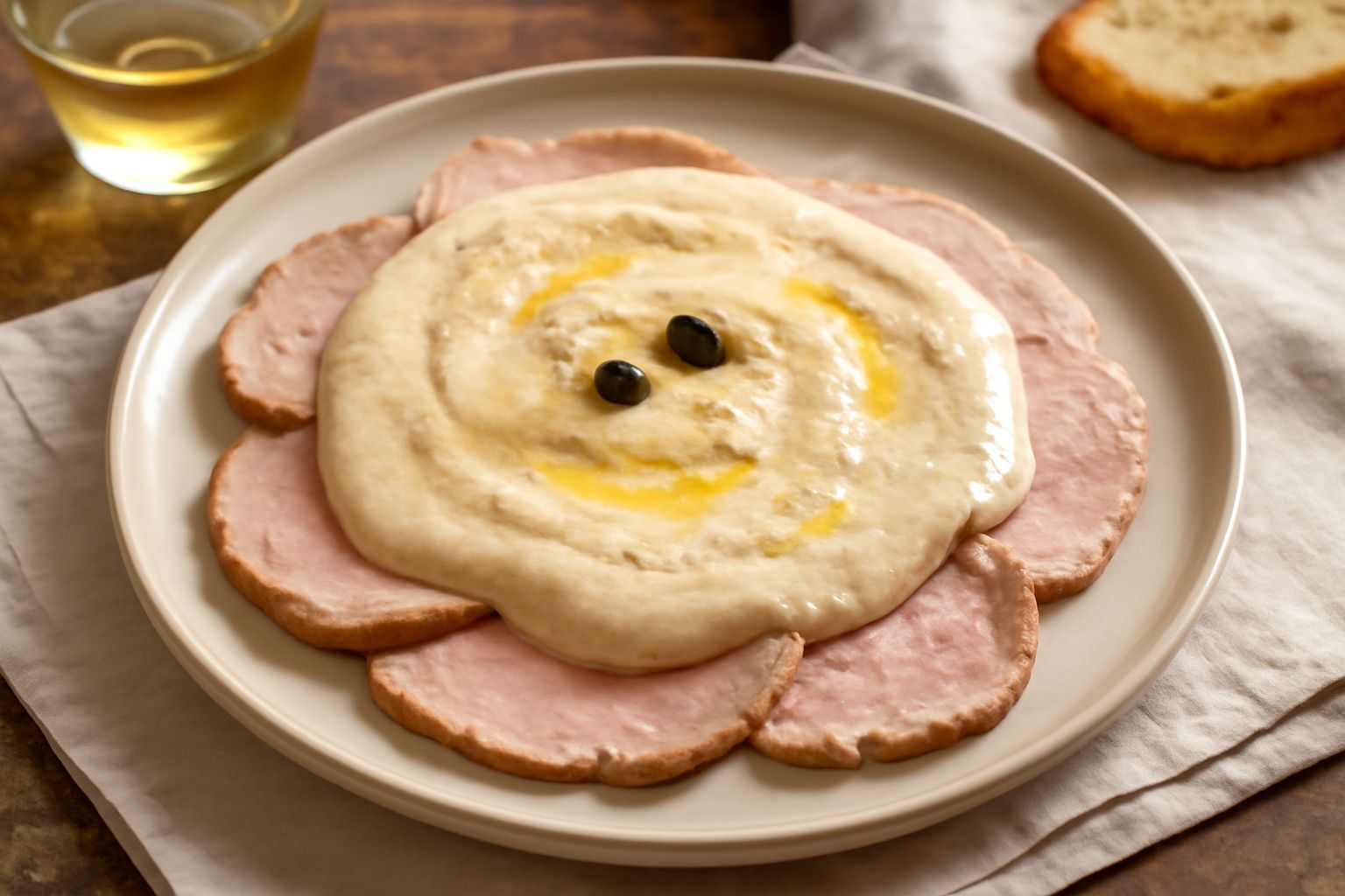 Fette di vitello cotto disposte su un piatto bianco, coperte da una salsa beige cremosa, decorate con filetti di acciuga e olive nere, con fondo sfumato grigio