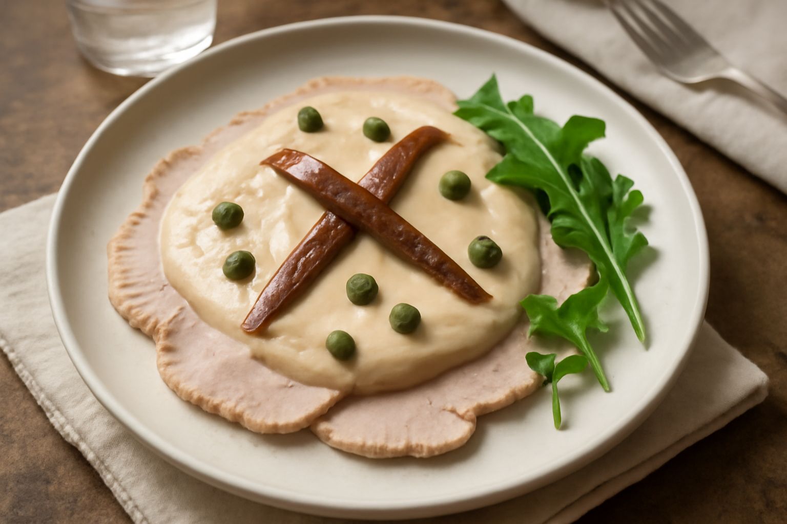 Fette sottili di vitello bollito coperte da salsa tonnata color beige, decorate con capperi e acciughe salate, impiattate su piatto bianco con limone sul bordo