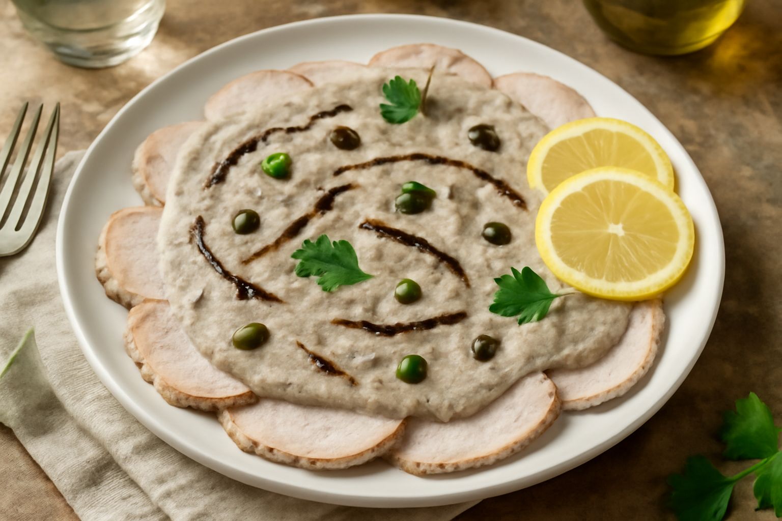 Piatto di vitello tonnato sottoli con fette di carne bianca ricoperte di salsa grigia-beige, guarnito con capperi scuri e acciughe salate, servito su piatto bianco con contorno di limone