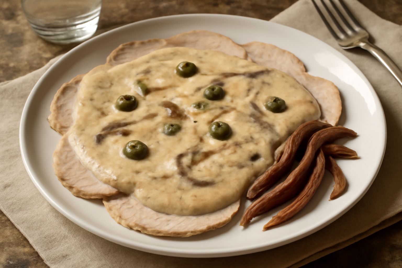 Fette di vitello lessato coperte da salsa beige chiaro di tonno e acciughe, guarnite con capperi scuri e filetti di acciuga, servite in piatto bianco con contorno di limone affettato