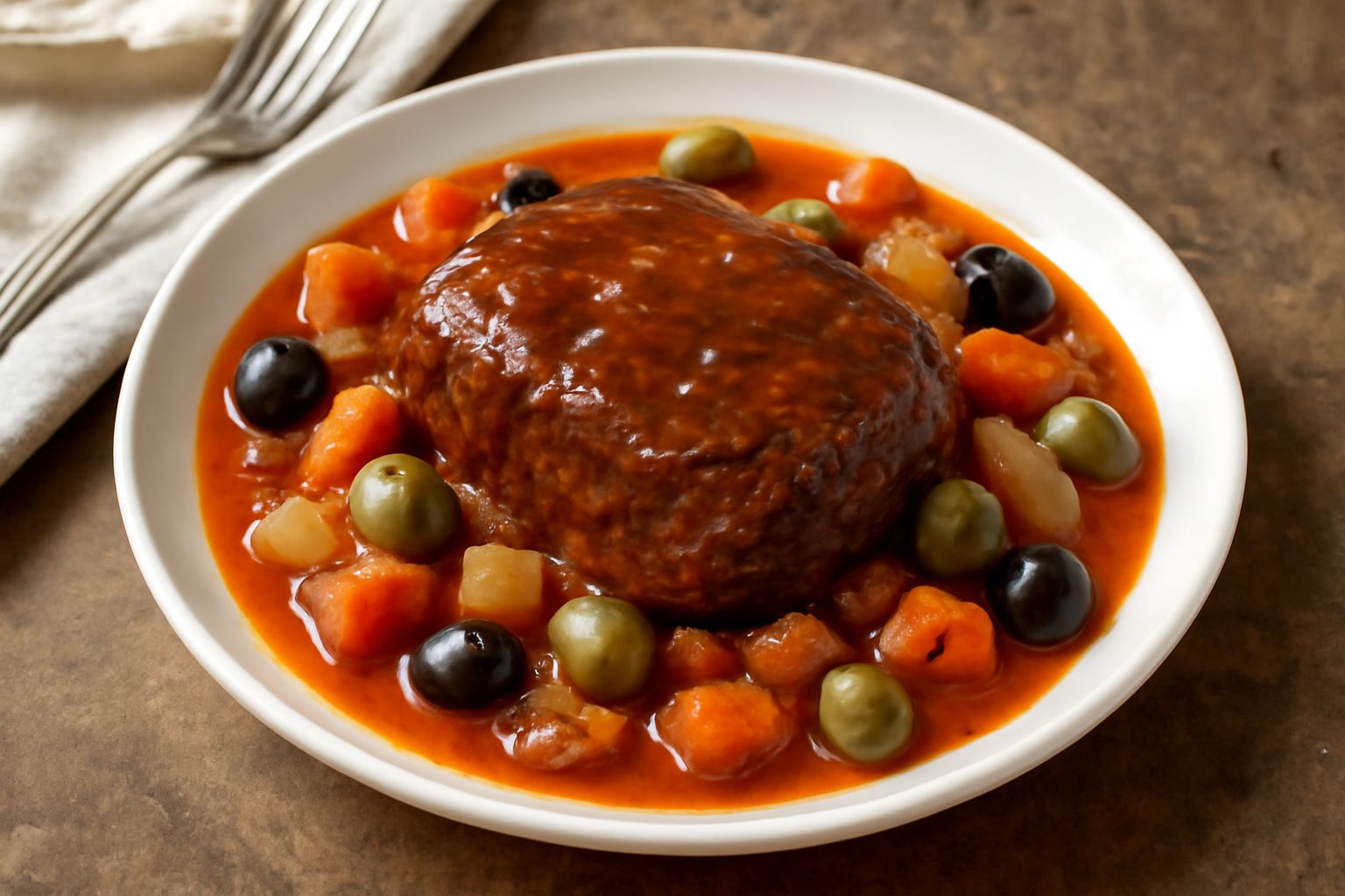 Vitellone brasato marrone scuro con verdure, olive nere e salsa di pomodoro, impiattato in un piatto bianco con contorno di patate e prezzemolo fresco