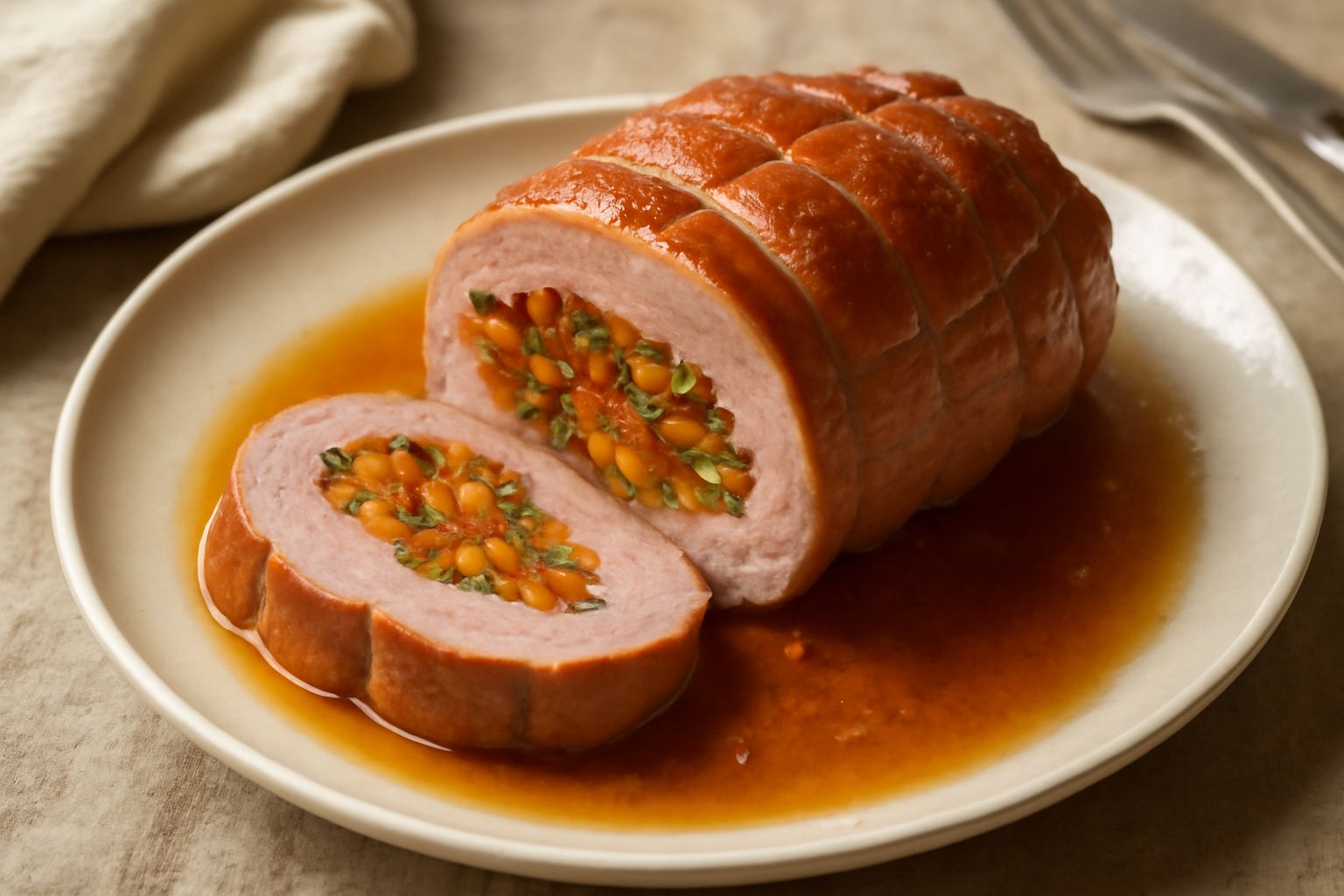 Vitellone farcito affettato in piatto bianco, si vede la carne rossastra con il ripieno verde di verdure e pancetta dorata al centro, contornato da contorno di patate e insalata fresca
