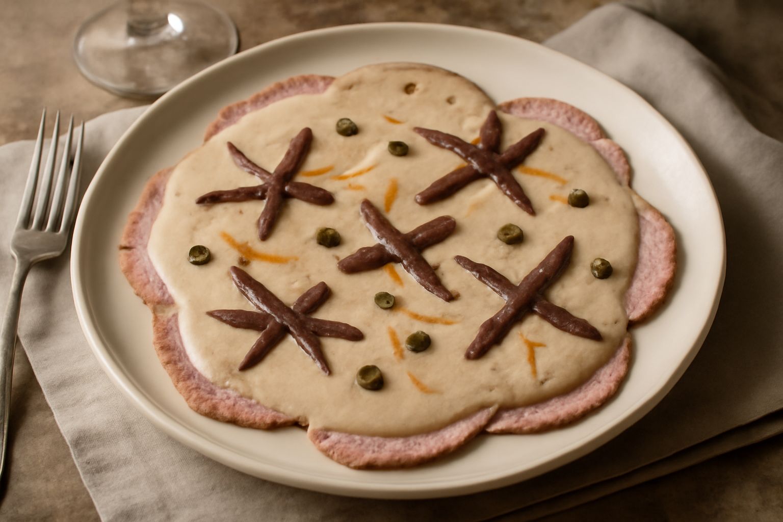 Fette sottili di carne di manzo rosa pallido coperte da salsa beige con tonno triturato, decorato con filetti di acciuga in croce e capperi, servito su piatto bianco con limone affettato accanto