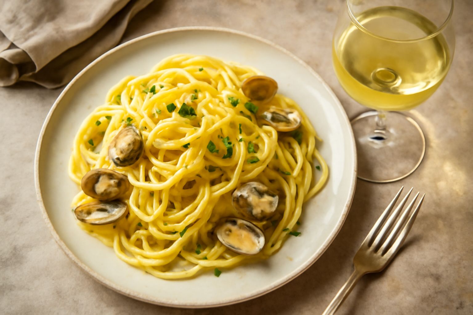 Bicchiere di vino bianco Vitovska trasparente con riflessi dorati, servito accanto a frutti di mare freschi e pane tostato su tavolo di legno chiaro