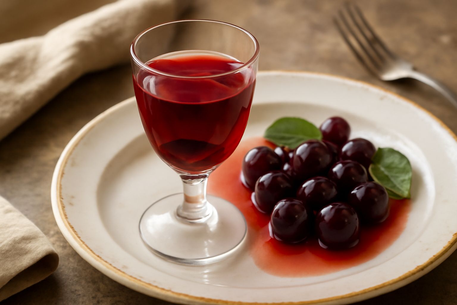 Bottiglia di vetro trasparente con vodka di colore rosso rubino e amarene intere visibili al suo interno, tappo chiuso, su superficie bianca con luce naturale