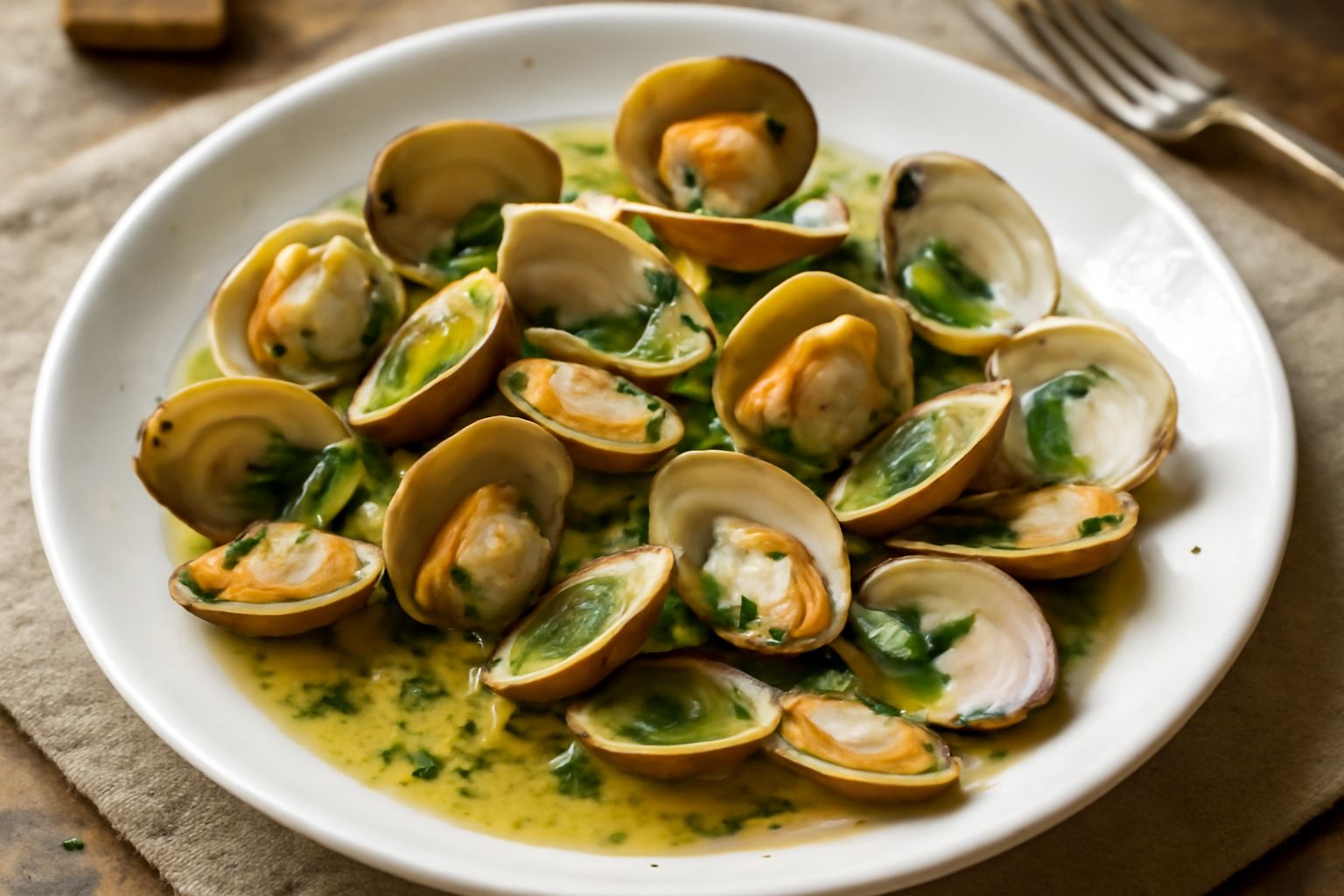 Vongole veraci aperte in un piatto bianco con prezzemolo verde, gocce di limone e filo di olio, vapore leggero che sale dal brodo