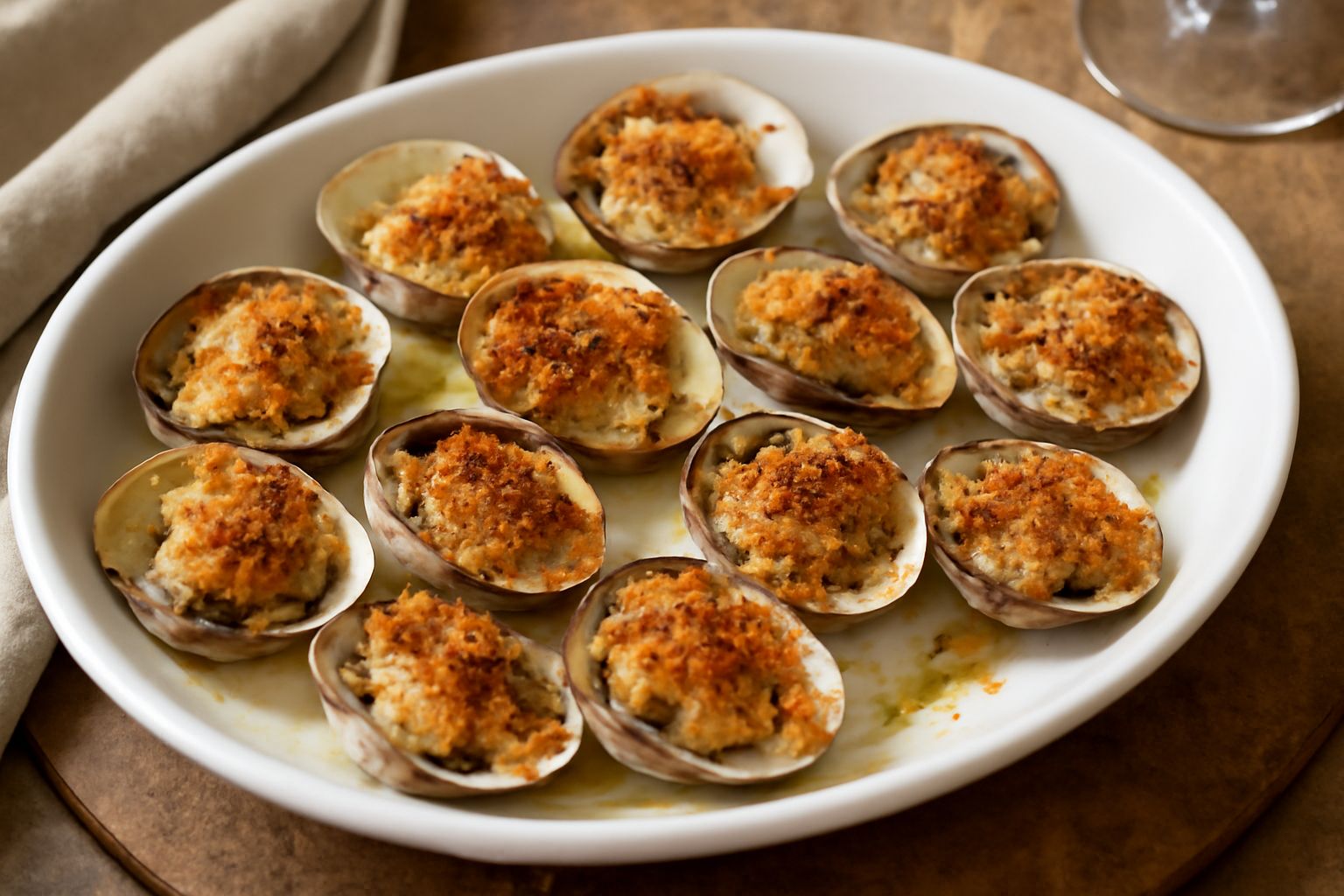 Vongole aperte al forno in teglia di ceramica bianca, coperte di pangrattato dorato e prezzemolo fresco, con limone e aglio sbucciato ai lati