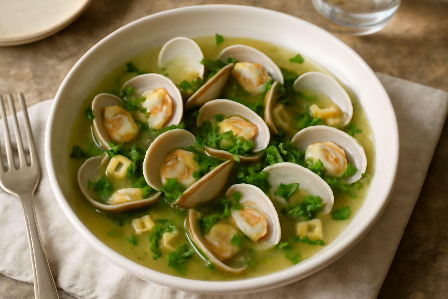 Vongole aperte in un brodo chiaro, con molluschi color ambra e gusci beige, aglio tagliato a fette, prezzemolo verde spezzettato, in una ciotola bianca fonda con il brodo che bagna tutto, pane tostato