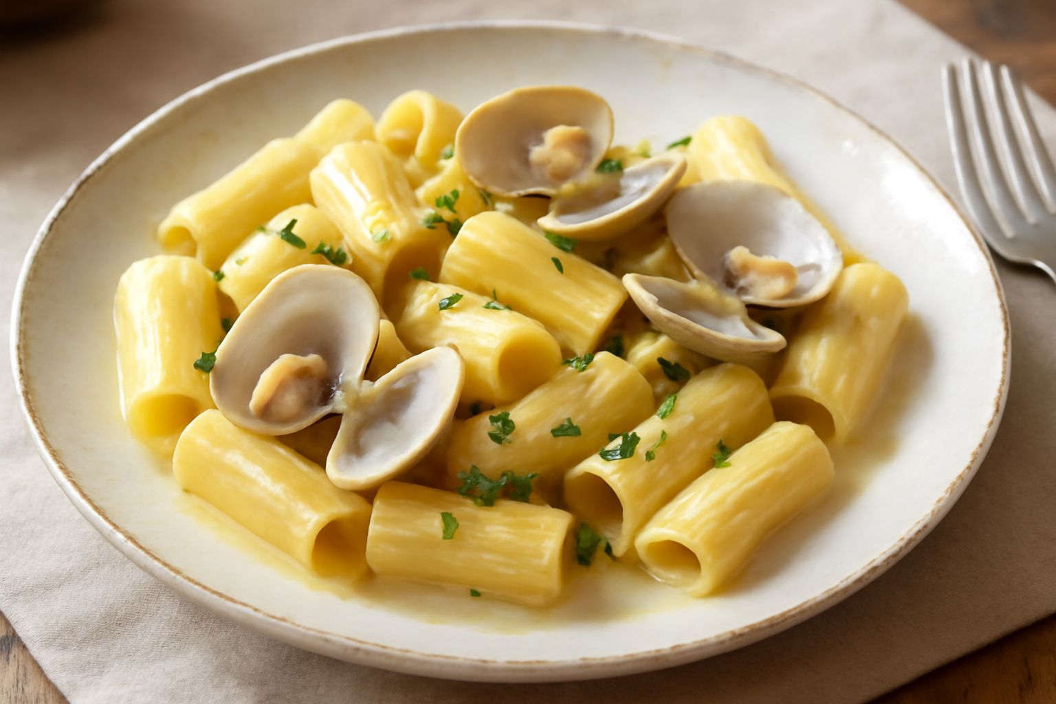 Piatto di rigatoni alle vongole appena impiattati, pasta color giallo paglierino con sugo rosato e bianco latte dalle vongole aperte, prezzemolo verde sparso in superficie, guscio di vongola intera vi