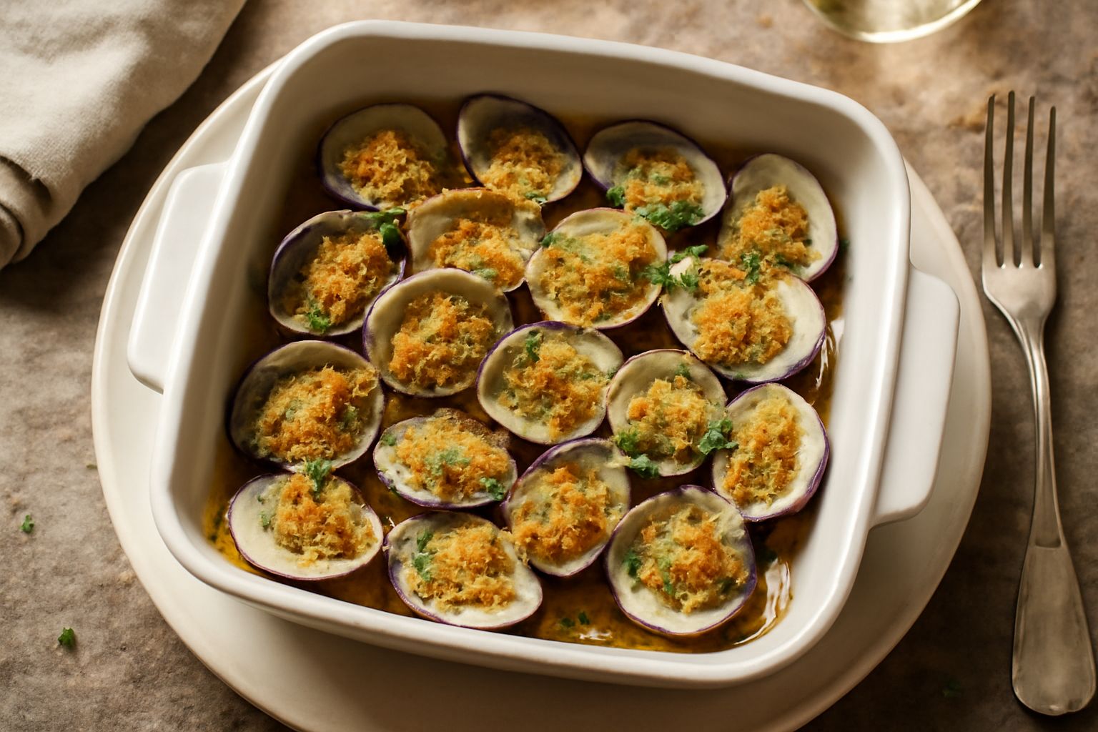Vongole veraci aperte al forno in una teglia di alluminio, dorate e fragranti, con pangrattato croccante e prezzemolo fresco, vapore che sale dal guscio