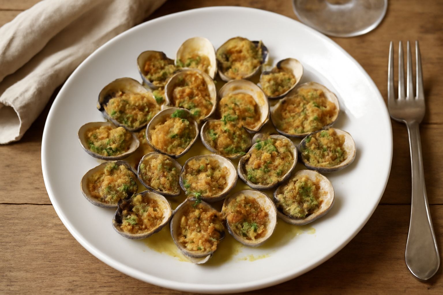 Vongole veraci aperte al forno in una teglia bianca, coperte di pangrattato dorato e prezzemolo fresco, con spicchi di aglio intorno