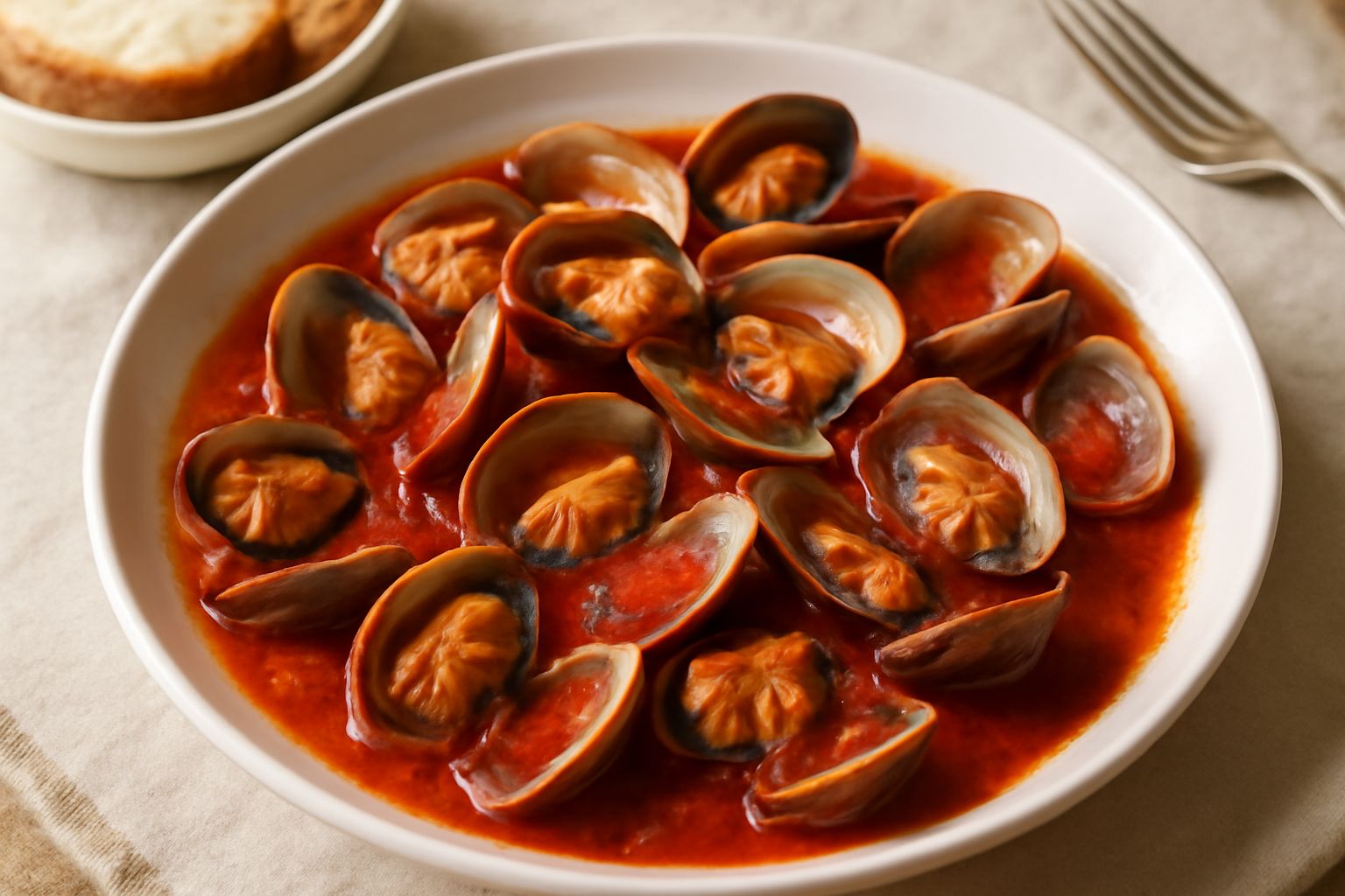 Vongole veraci aperte in un sugo rosso di pomodoro, con gusci lucidi e pezzetti di prezzemolo fresco sparse sulla superficie, servite in una ciotola bianca profonda con il liquido del sugo visibile