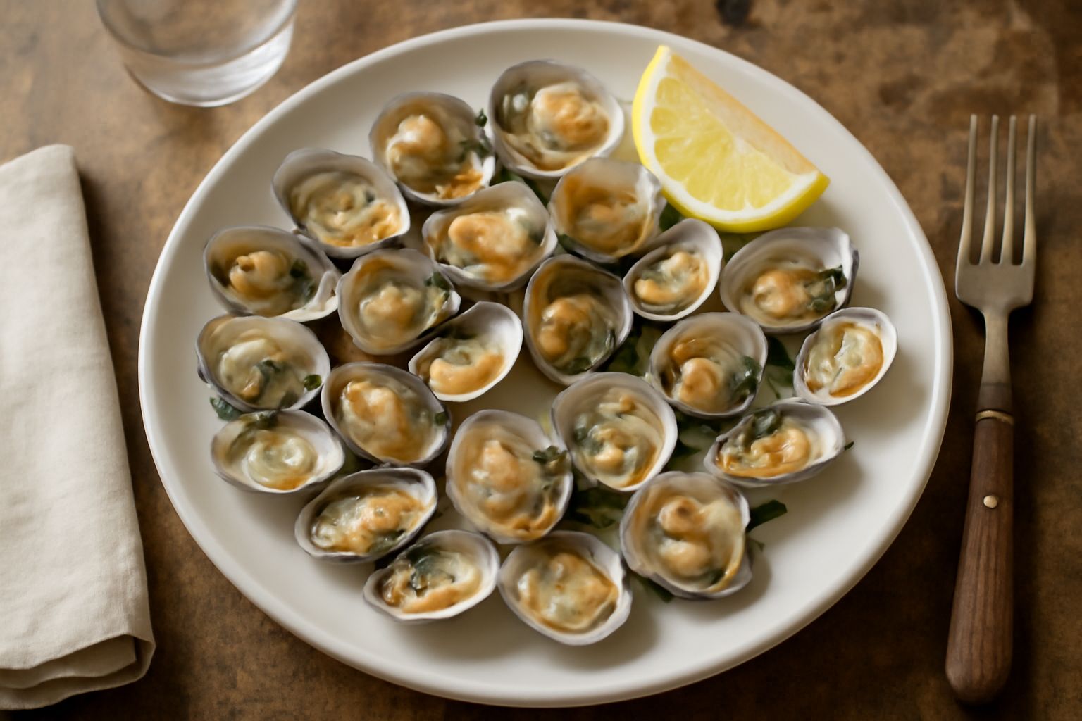 Tre vongole veraci aperte su un piatto bianco con mezzo limone e gocce d'acqua, servite su un tavolo di legno con una bottiglia di olio d'oliva sullo sfondo