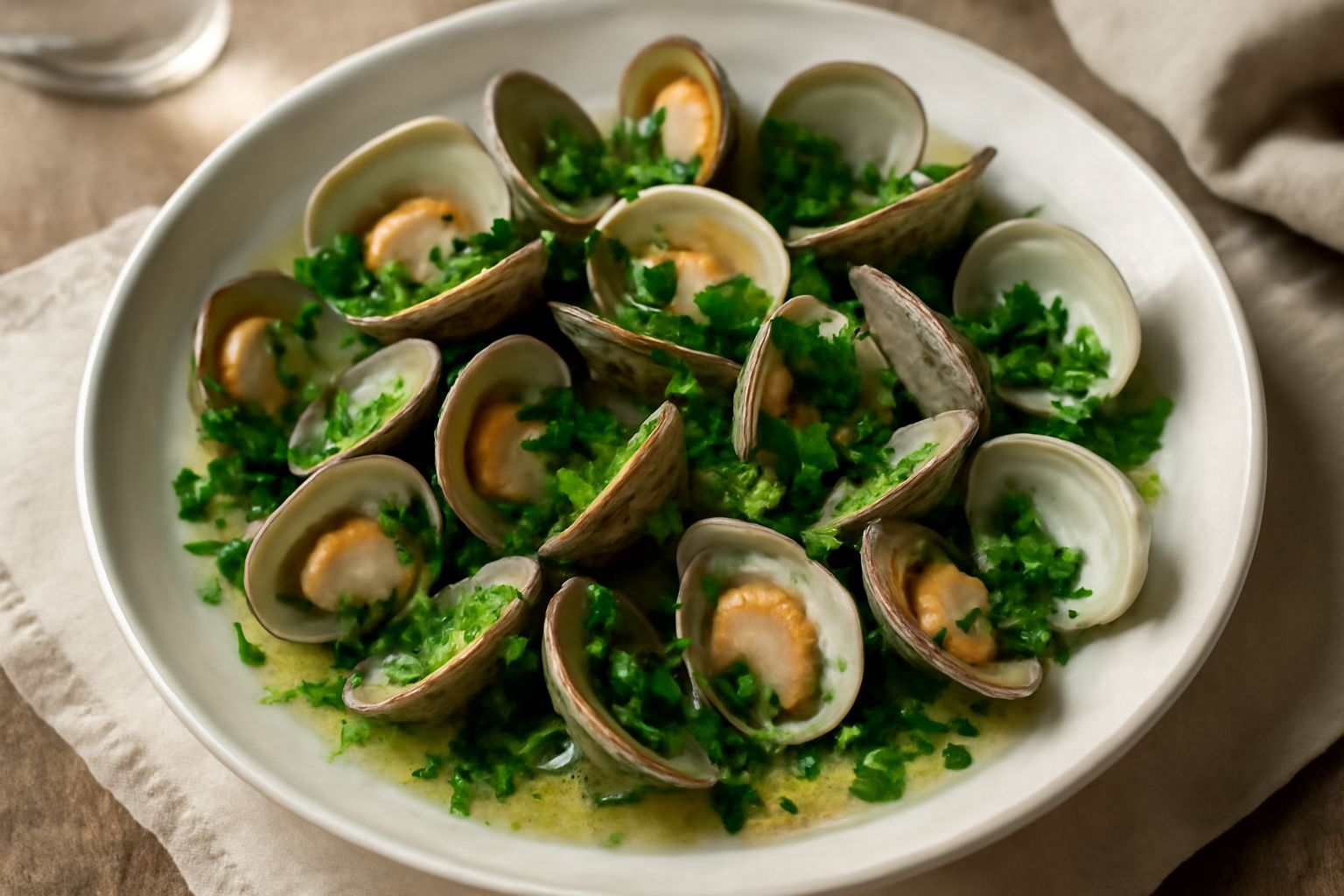 Vongole veraci aperte nel piatto bianco di ceramica, vapore ancora visibile, aglio dorato e prezzemolo verde fresco sparso in superficie, con una spruzzata di vino bianco