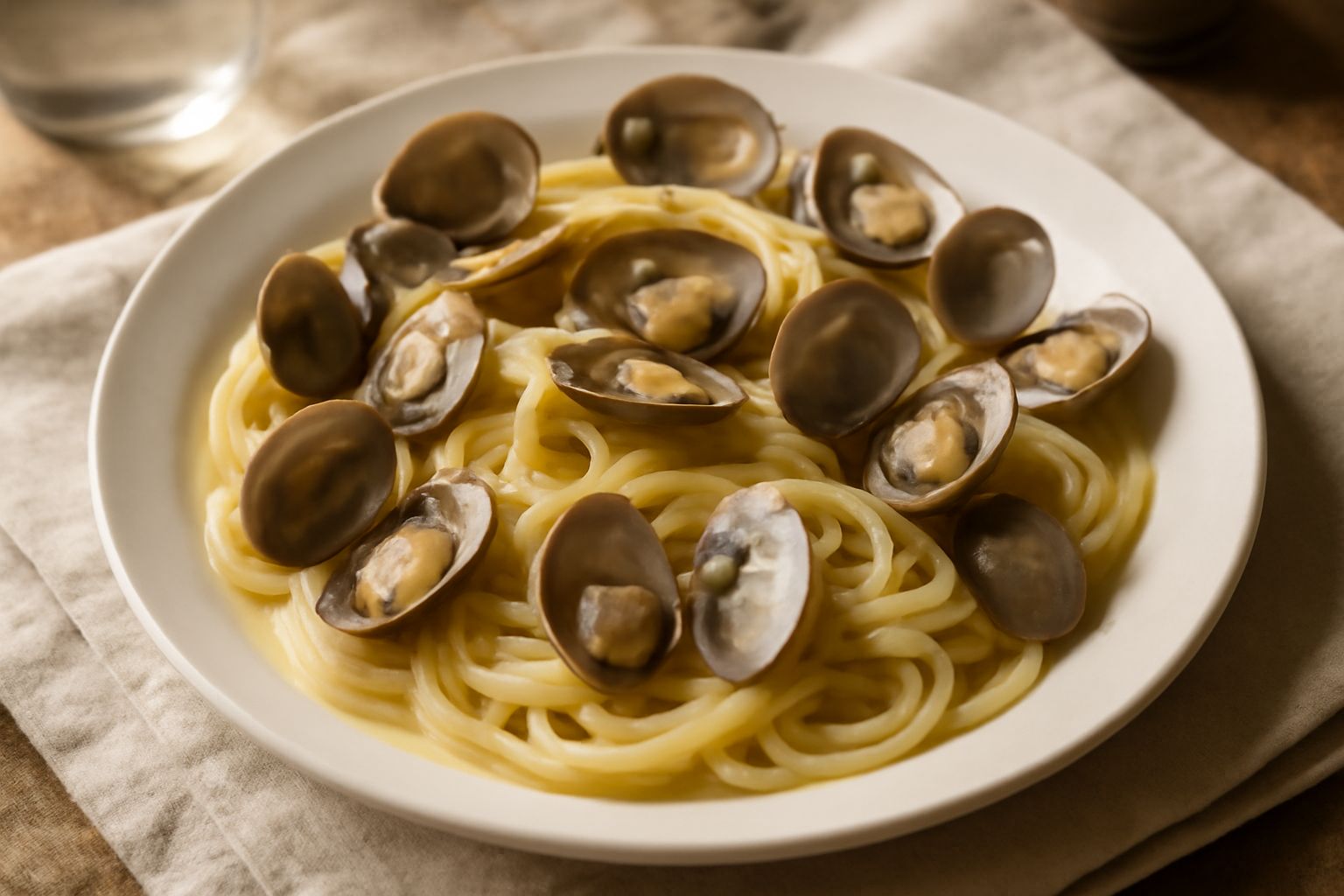 Piatto di spaghetti alle vongole veraci in bianco, con conchiglie aperte piene di mollusco, aglio dorato, prezzemolo verde brillante, brodo trasparente, servito in ciotola bianca, fondo scuro