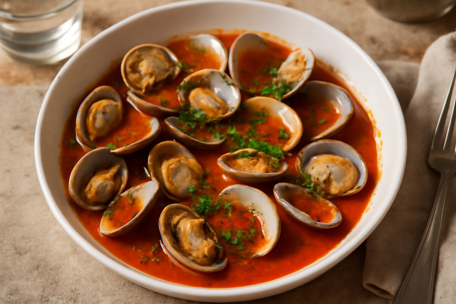 Piatto bianco con brodetto rosso di pomodoro contenente vongole veraci aperte, accanto a spicchi di aglio e prezzemolo fresco su sfondo grigio chiaro