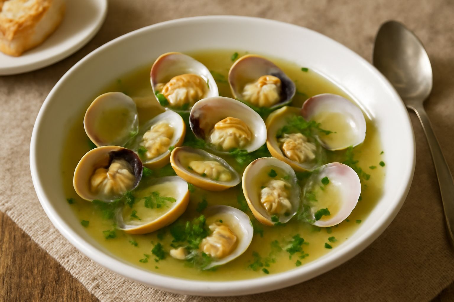 Vongole veraci aperte in un brodo trasparente e dorato, con aglio e prezzemolo verde, servite in una ciotola di ceramica bianca. Liquido limpido, molluschi beige e rosa, guarnizione verde fresca.