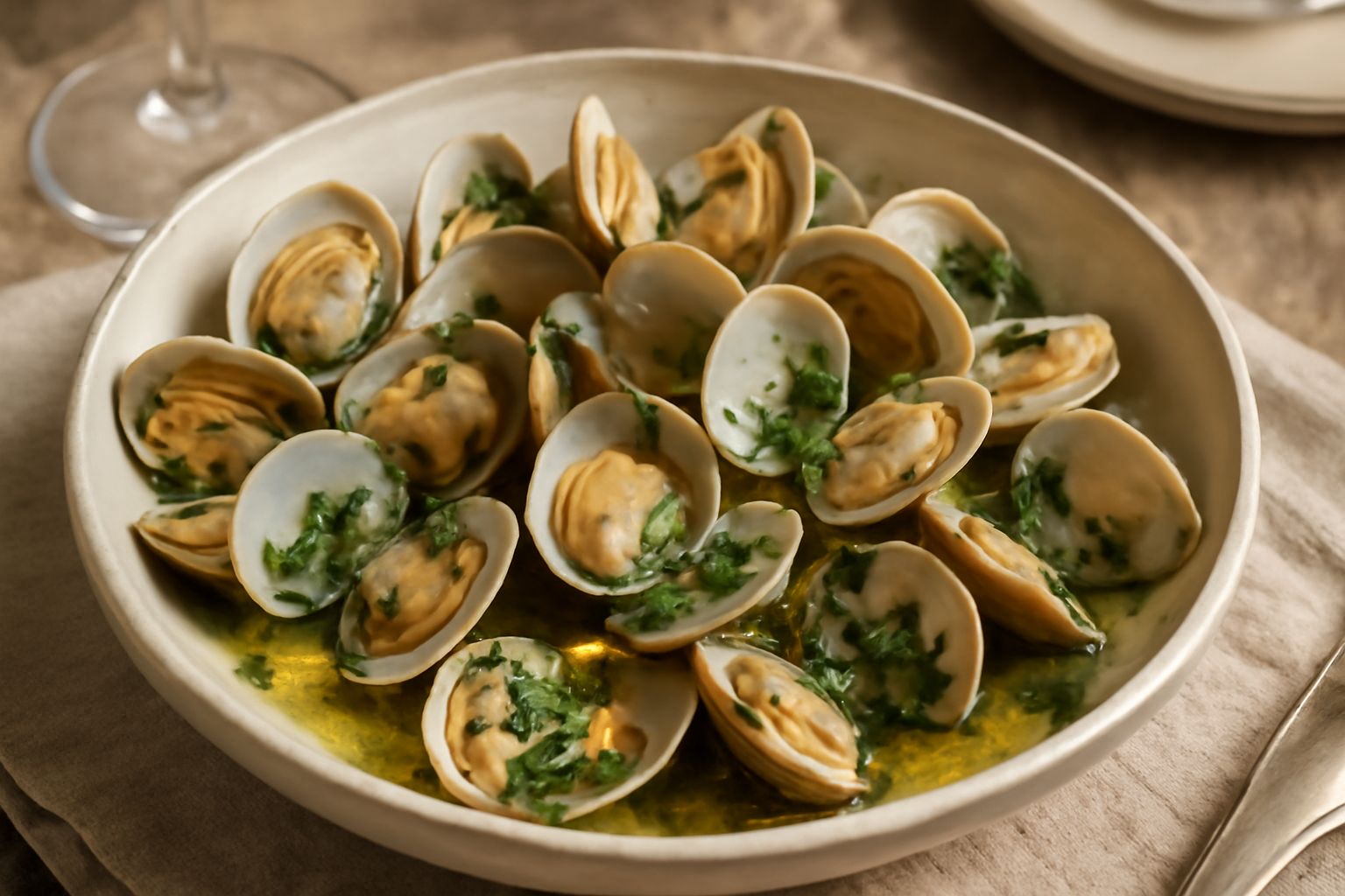 Vongole aperte in padella antiaderente, con guscio beige e carne rosea visibile, sughetto trasparente con tracce di olio e aglio, prezzemolo verde tritato in superficie, servite in piatto bianco.