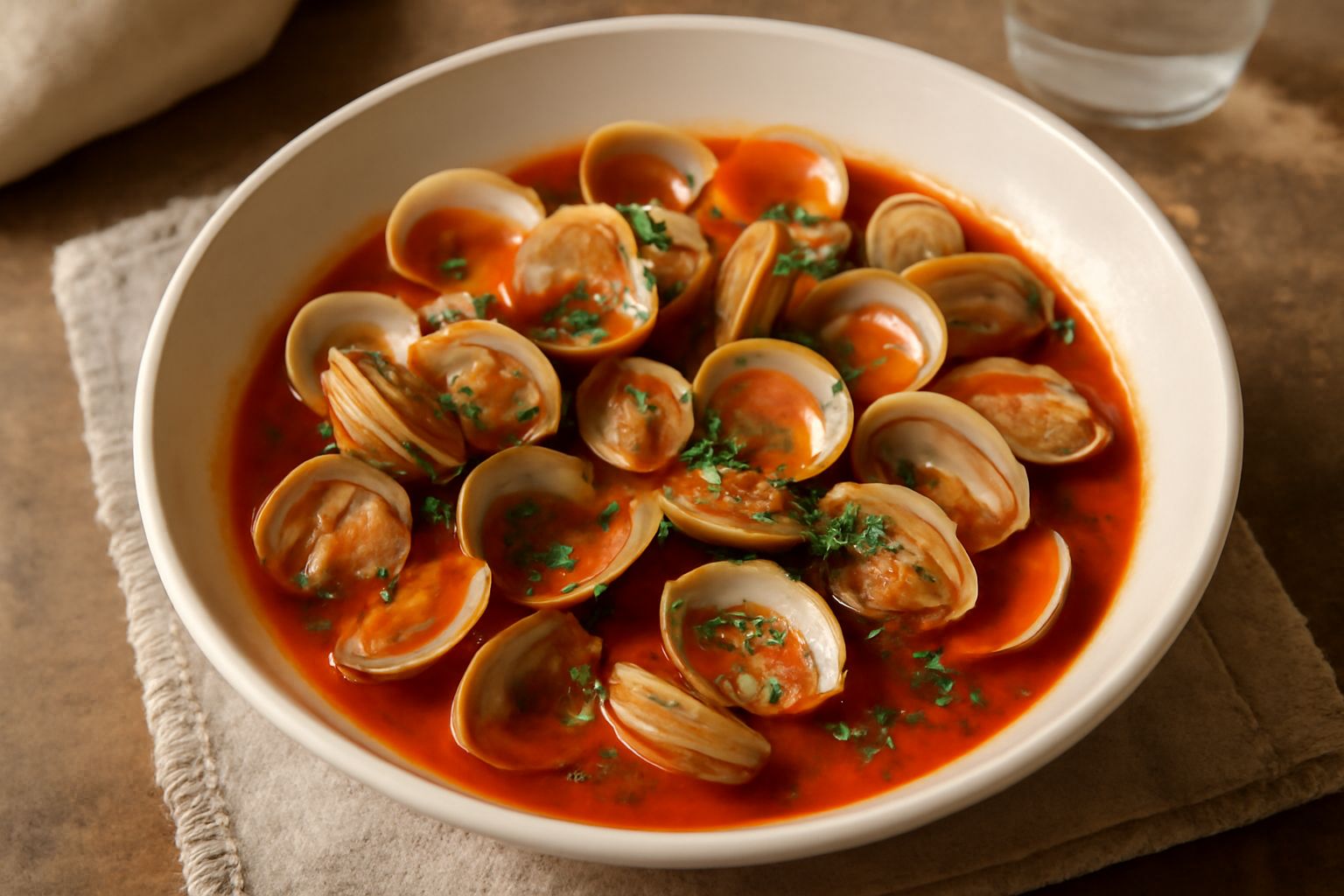 Piatto bianco fondo con vongole aperte in guscio beige su sugo di pomodoro rosso vivo, prezzemolo fresco verde spezzettato sopra, olio d'oliva lucente, due fette di pane tostato ai lati
