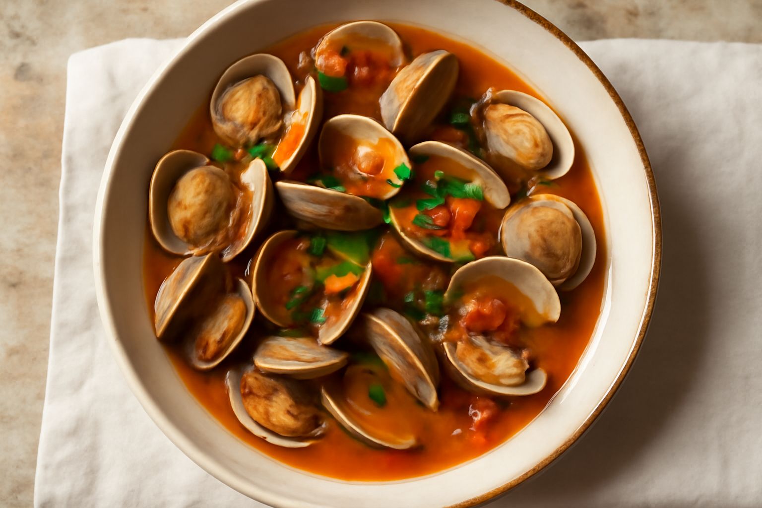 Vongole veraci aperte e rosate in un brodo chiaro con pomodori rossi, prezzemolo verde e spicchi d'aglio, servite in una ciotola bianca fonda, con il liquido che affiora delicatamente intorno ai mollu