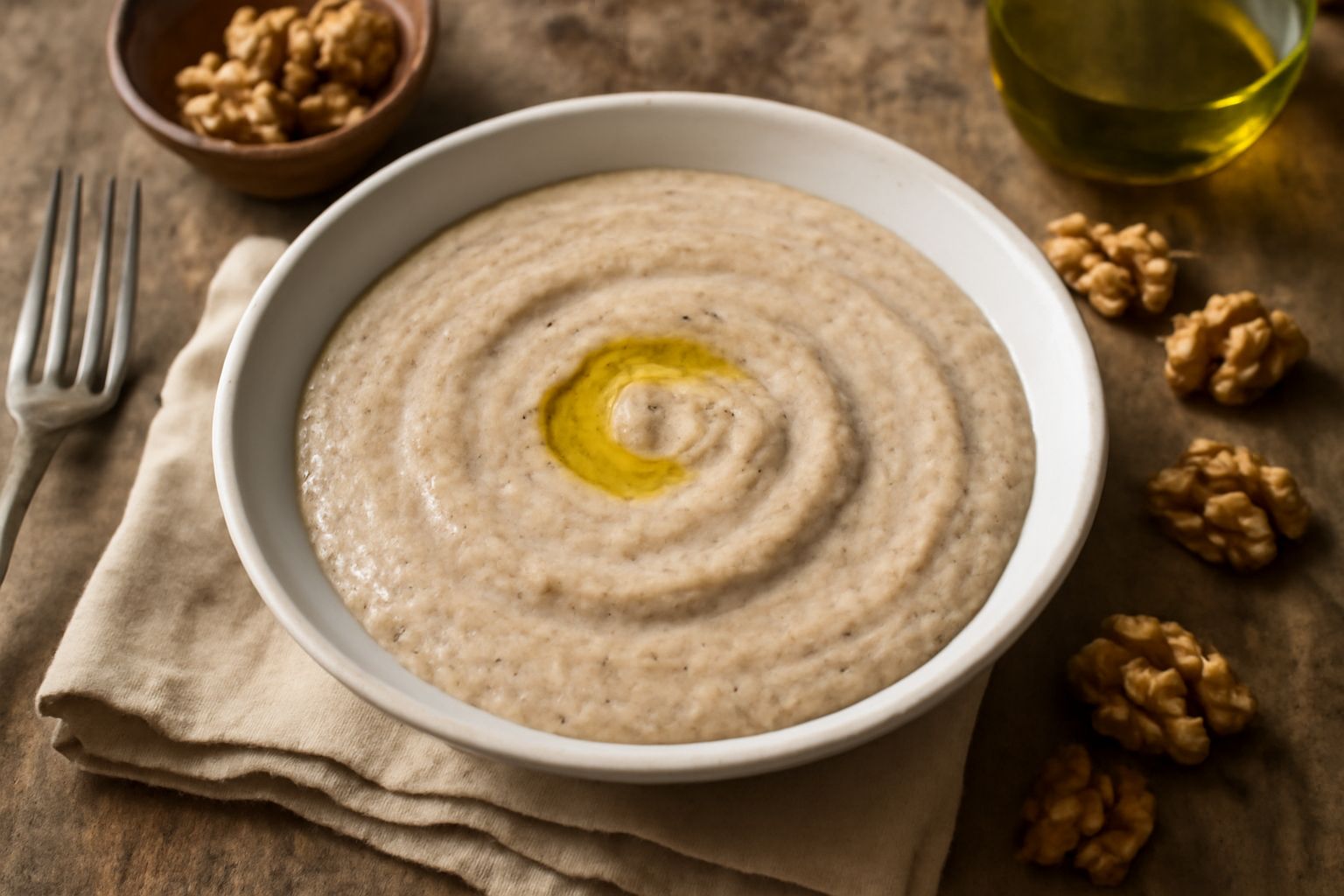 Salsa di noci color beige cremosa in una ciotola bianca, con filo di olio verde scuro in superficie, cucchiaio di legno, mazzo di prezzemolo fresco e alcune noci sgusciate accanto
