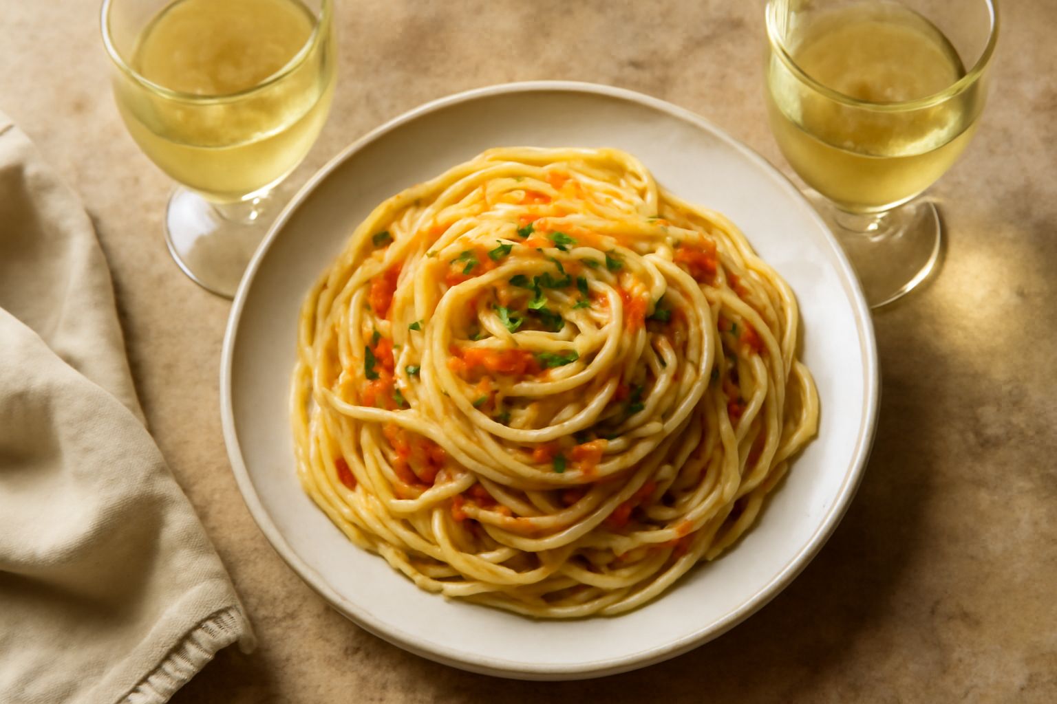 Bicchiere di vino bianco paglierino accanto a una bottiglia di Marsala su tavolo di legno, sfondo di vigneti siracusani al tramonto con colline rocciose gialle