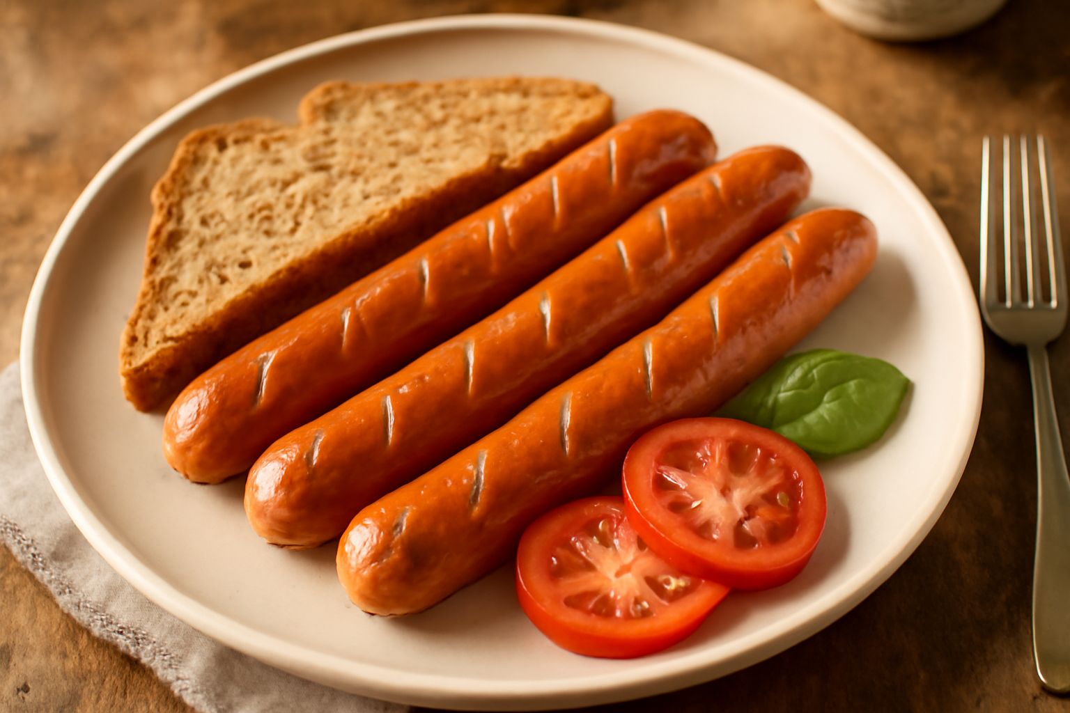 Quattro würstel dorati e croccanti disposti su un piatto bianco con accanto fette di pane integrale tostato, pomodoro affettato e una foglia di lattuga fresca