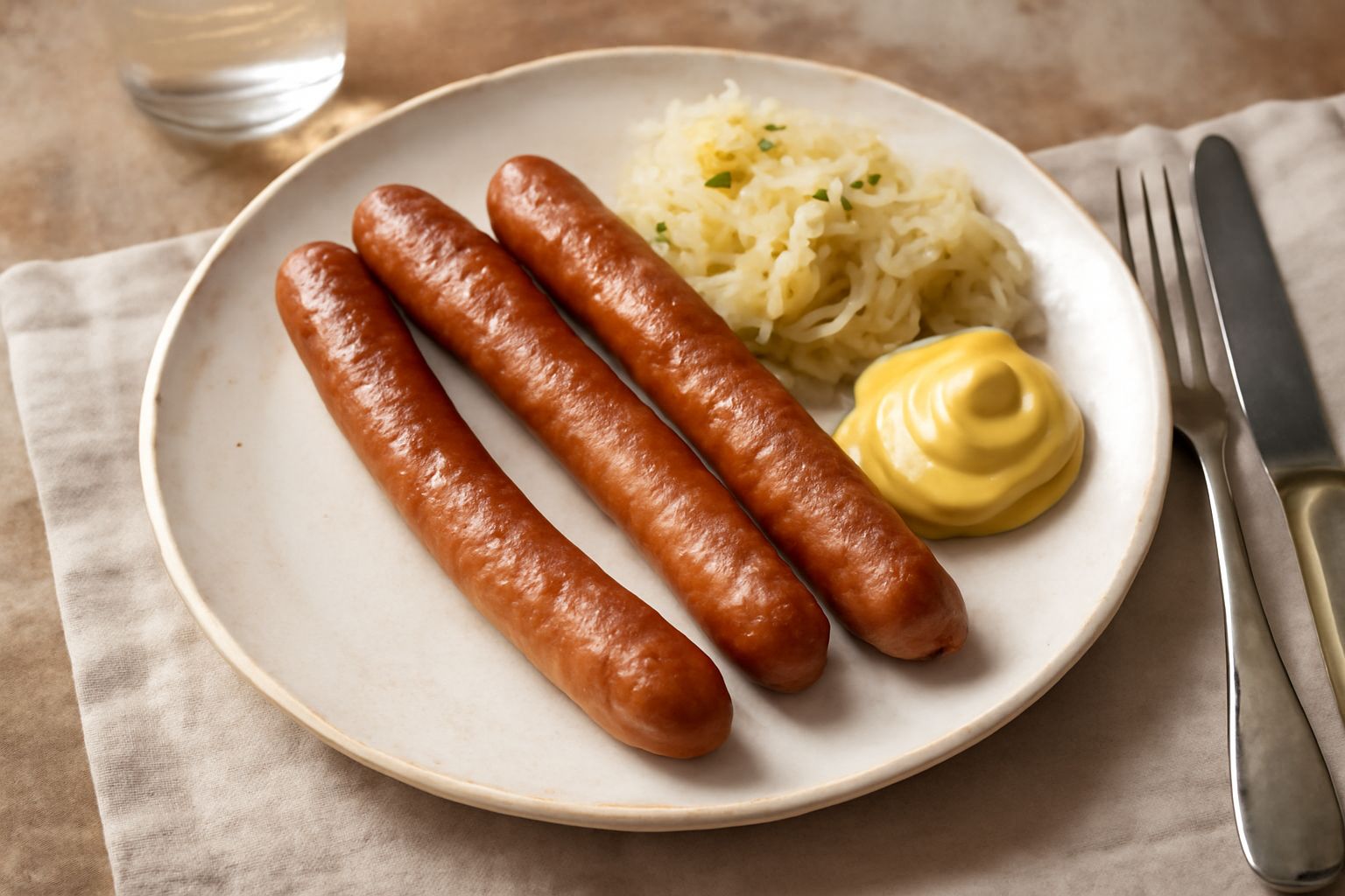 Due Würstel di Bolzano dorati e affumicati disposti in un piatto bianco accanto a senape piccante e pane di segale tostato, con una tazza di brodo fumante sullo sfondo