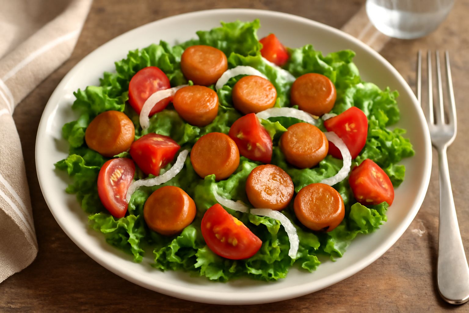 Insalata mista con würstel dorati a rondelle, lattuga verde, pomodori rossi, cipolla bianca affettata, il tutto condito con olio e un accenno di aceto in un piatto bianco