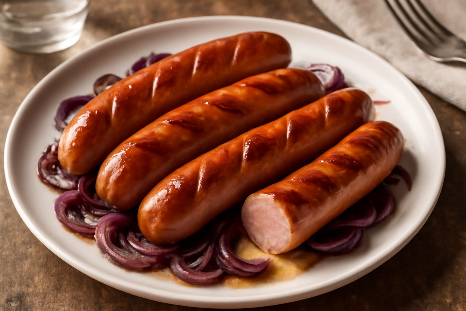 Quattro würstel dorati e caramellati in un piatto bianco con contorno di cipolle rosse caramellate e pane tostato ai lati