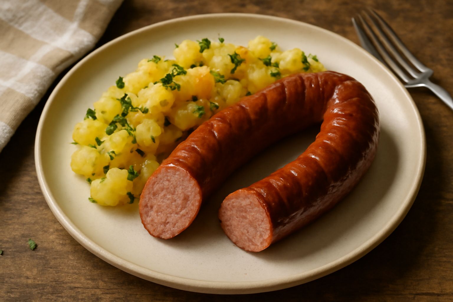 Würstel tirolese affumicati dorati e brunastri, serviti caldi in un piatto bianco con contorno di crauti fermentati e pane di segale, vapore appena visibile