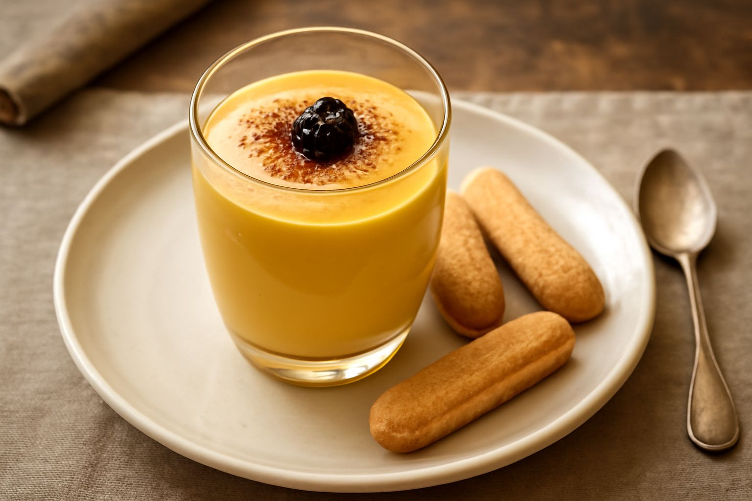 Zabaglione in coppa di vetro, cremoso e spumoso di colore giallo dorato, decorato con una bacca di lampone rossa sulla cima, servito con biscotti savoiardi accanto