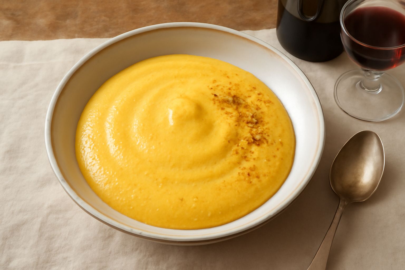 Zabaglione in coppa di vetro di colore giallo pallido e cremoso, guarnito con biscotto croccante e scorza di limone, su fondo di marmo chiaro