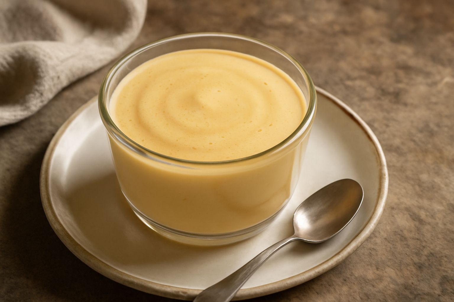 Zabaione color giallo chiaro in una ciotola di vetro con cucchiaio di legno, cremoso e liscio, accanto a uova intere e zucchero sparso