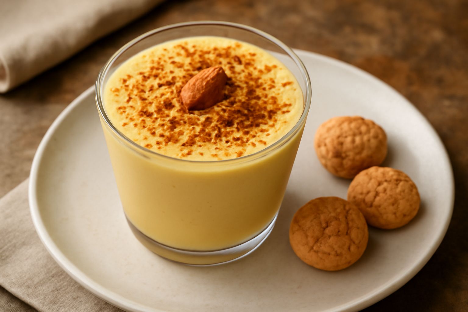 Bicchiere di cristallo con zabaione cremoso giallo dorato, ricoperto da briciole di amaretti croccanti, con un cucchiaino poggiato accanto e una mandorla intera come guarnizione