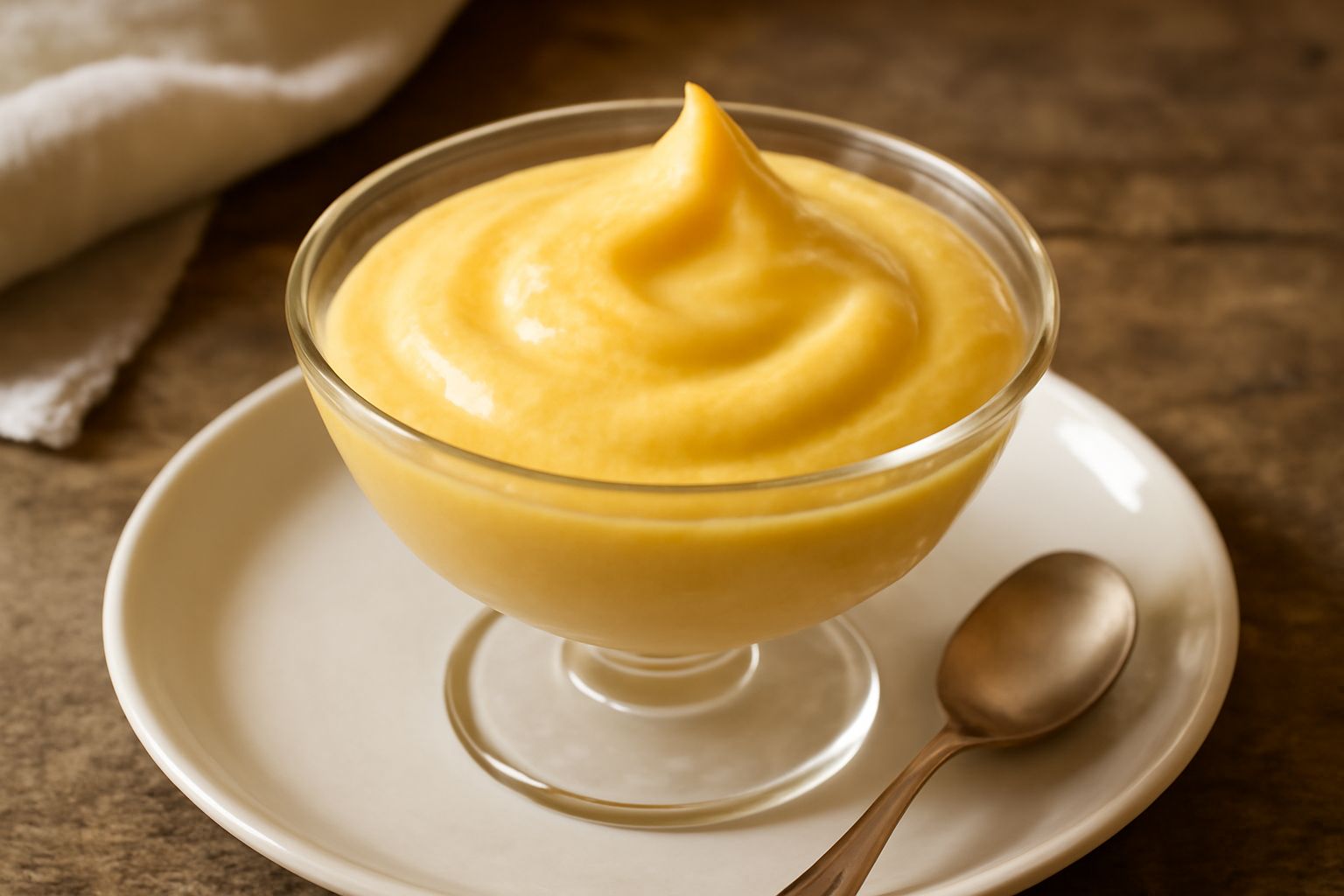 Zabaione al Marsala in una coppa di vetro, color giallo crema intenso, leggero e spumoso, servito con savoiardi e una spruzzata di cacao in polvere