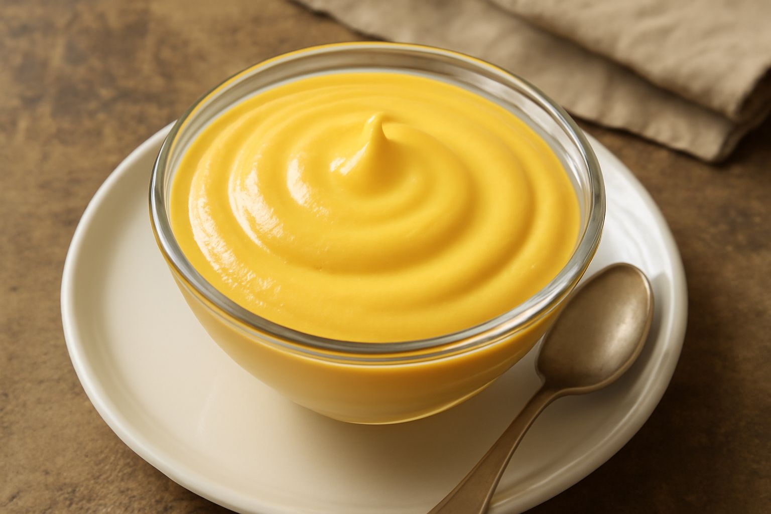 Zabaione color giallo panna servito in una coppa di vetro trasparente, con superficie liscia e brillante, guarnito con savoiardi inzuppati al Marsala sul bordo del piatto bianco