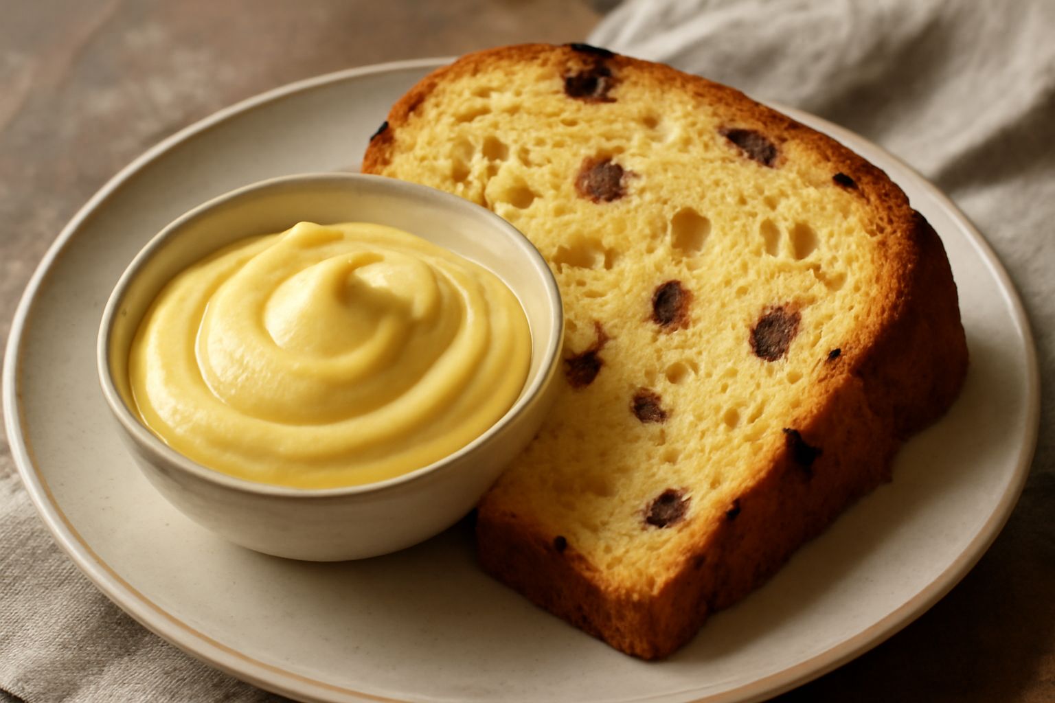 Ciotola di zabaione cremoso color crema chiaro in primo piano, con una fetta di panettone giallo con canditi accanto su piatto bianco. Decorazione minima con spiga di vaniglia di lato.