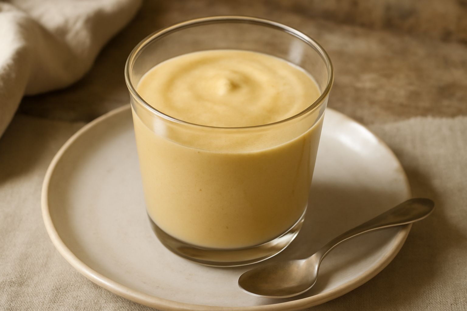 Zabaione siciliano in bicchiere di vetro trasparente, crema densa e beige chiaro, servito con cucchiaio di legno, accompagnato da amaretti e un calice di marsala sfocato sullo sfondo
