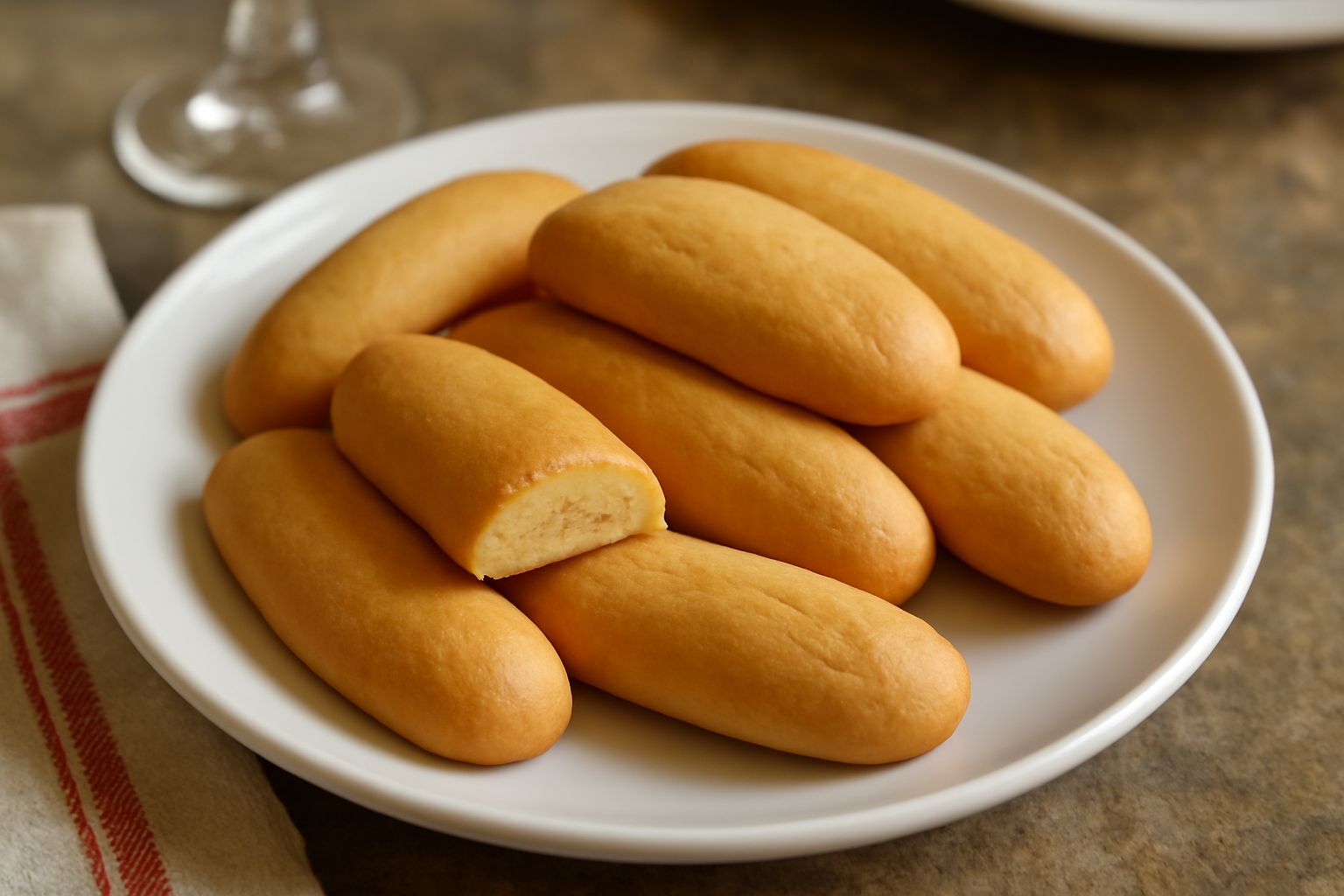 Zagaroli dorati disposti su un piatto bianco, biscotti ovali leggermente ricurvi, con superficie liscia e leggermente brillante, affiancati da una tazza di caffè